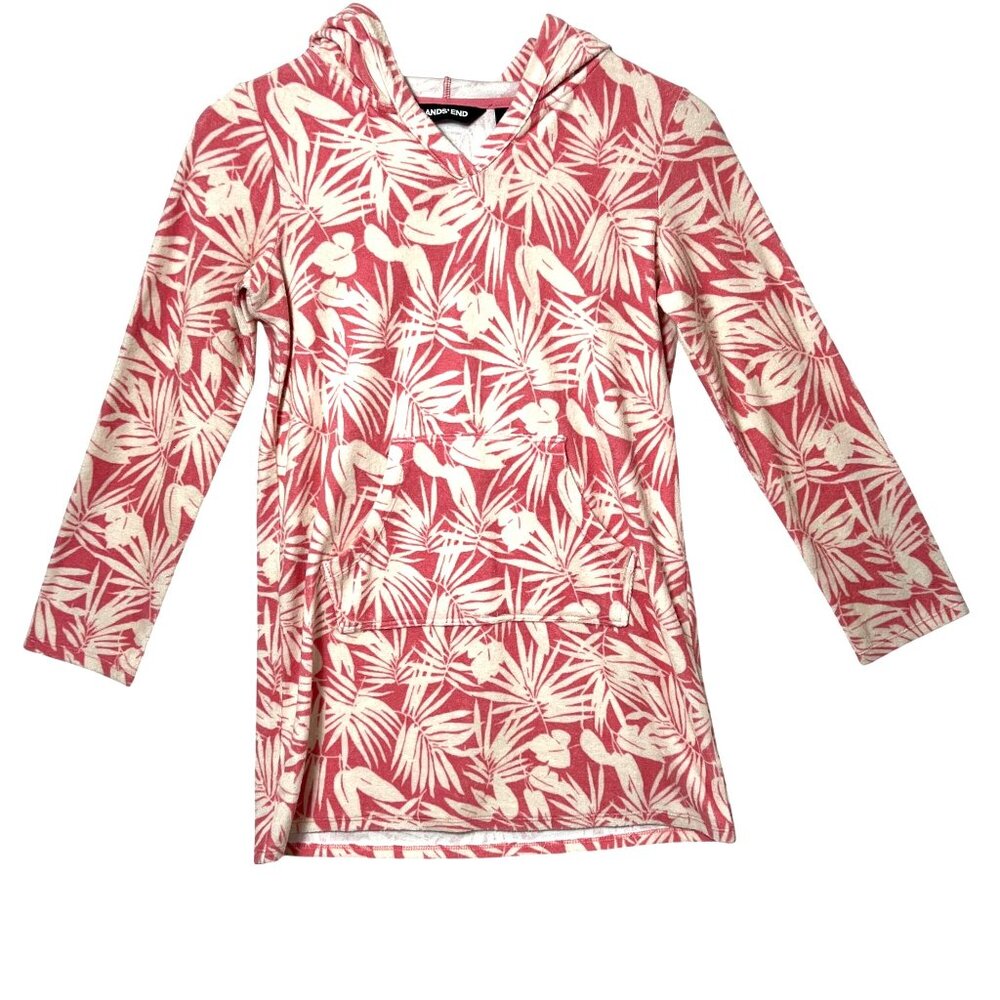 Girls Lands End Pink & Cream Tropical Print Tunic Hooded BeachCoverup Size Large